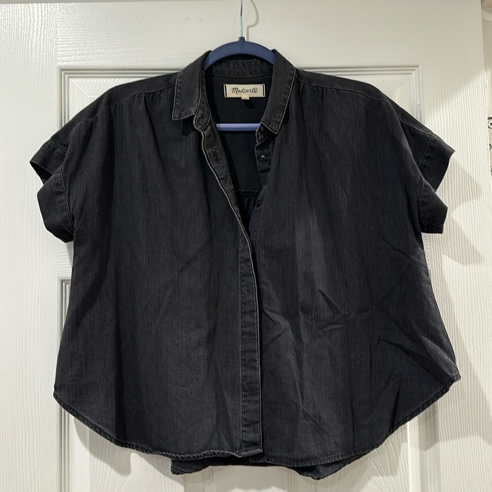 Madewell XS button down cropped sleeve shirt black gray stone never worn